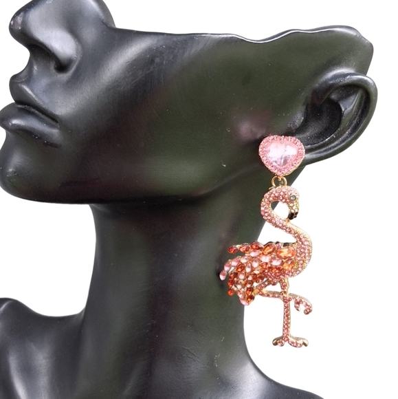 PINK FLAMINGO CRYSTAL DROP STATEMENT EARRINGS - Picture 1 of 6